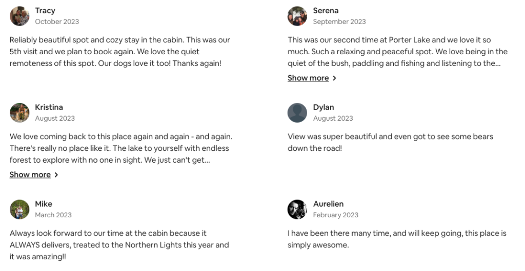 Porter Lake Cabin reviews on AirBnb